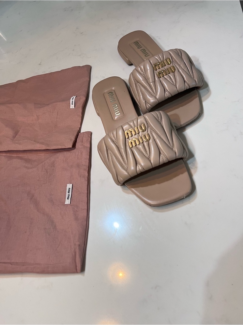 Miu Miu Quilted Leather Slide Sandals in Beige Taupe - Picture 5 of 5